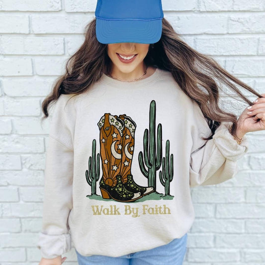 Walk By Faith Sweatshirt | Western Crewneck Sweatshirt Cowboy Sweatshirt Christian Crewneck Faith Sweatshirt Christian Streetwear