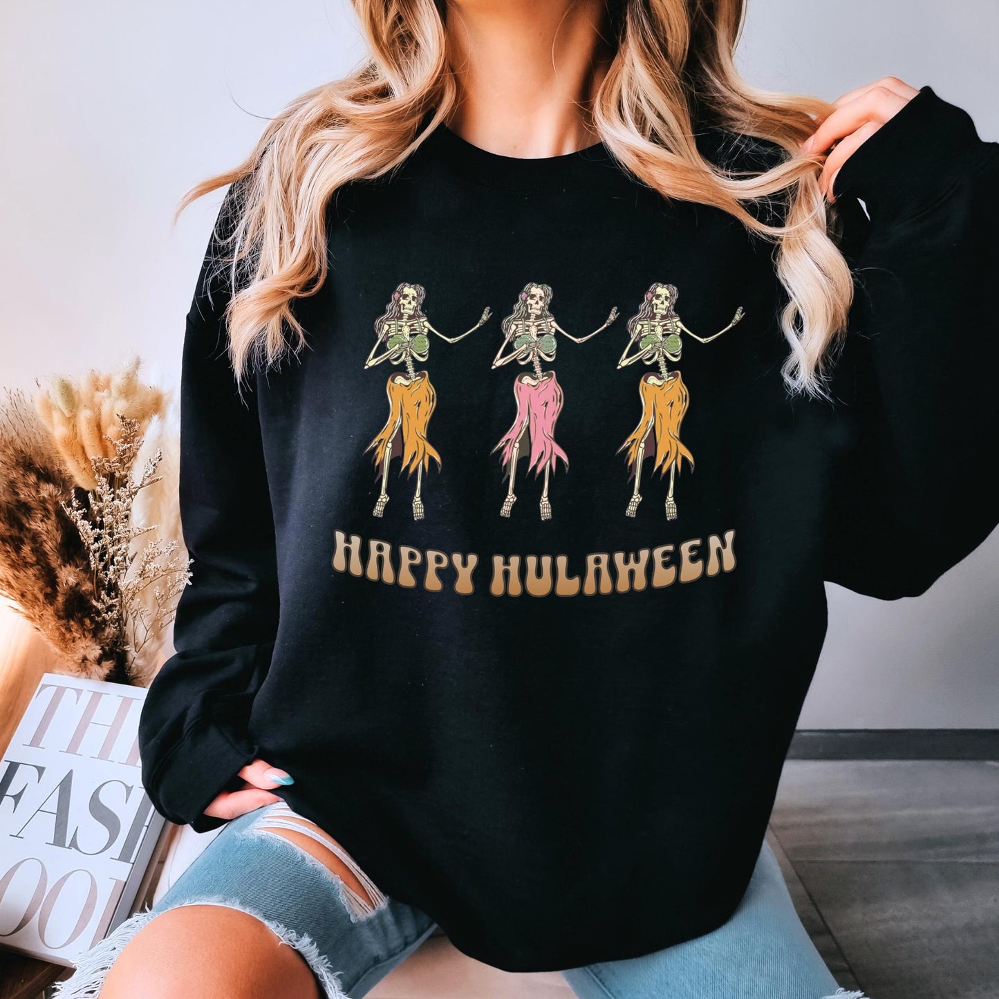 Happy Hulaween Sweatshirt | Hawaiian Crewneck Halloween Sweatshirt Dancing Skeletons Hula Sweatshirt Hawaii Sweatshirt Beach Halloween